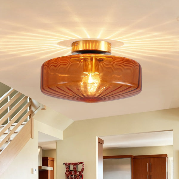 Thehouselights-Amber Glass Round Semi Flush Mount-Ceiling Light-1-Light-