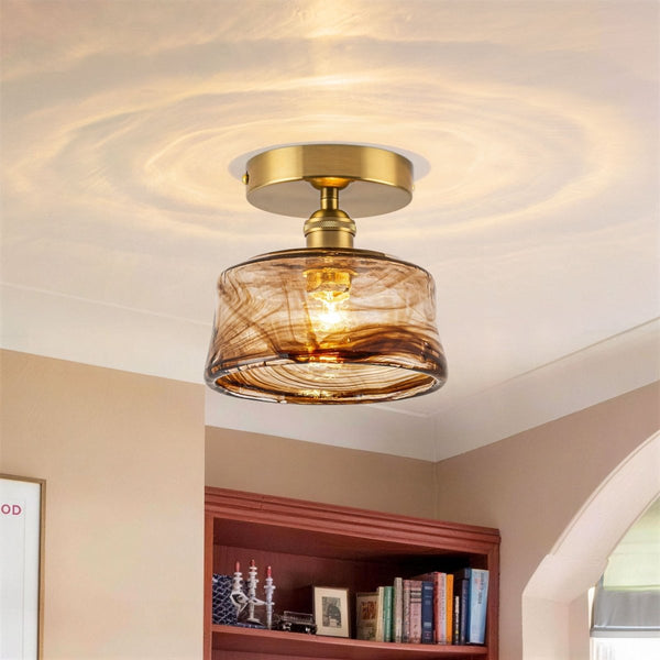 Thehouselights-Amber Textured Glass Drum Semi Flush Mount-Ceiling Light-1-Light-