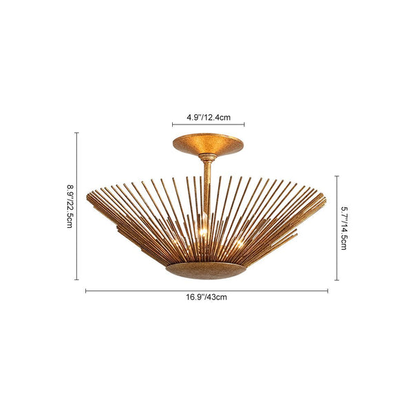 Thehouselights - Antique Gold Sunburst Semi Flush Mount - Chandelier - Gold - 