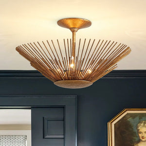 Thehouselights - Antique Gold Sunburst Semi Flush Mount - Chandelier - Gold - 