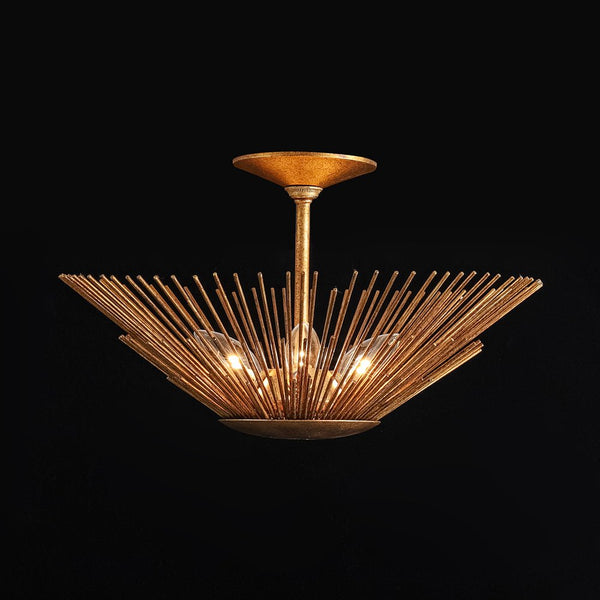 Thehouselights - Antique Gold Sunburst Semi Flush Mount - Chandelier - Gold - 