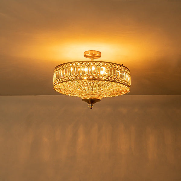 Thehouselights - Carved Crystal Drum Semi Flush Mount - Ceiling Light - Brass - 