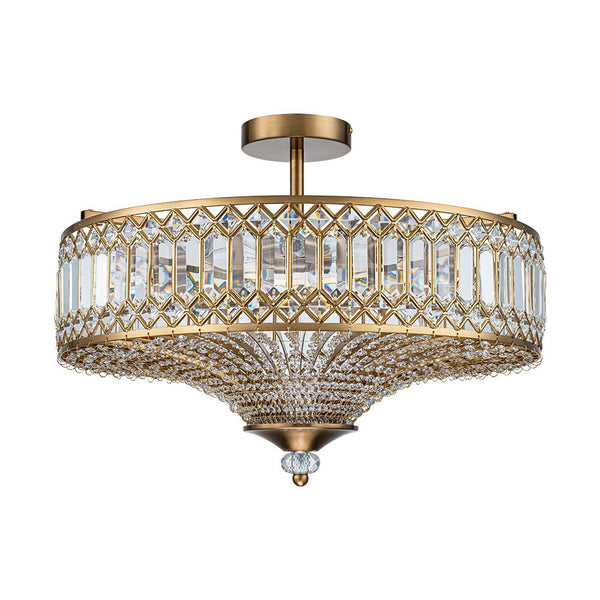 Thehouselights - Carved Crystal Drum Semi Flush Mount - Ceiling Light - Brass - 