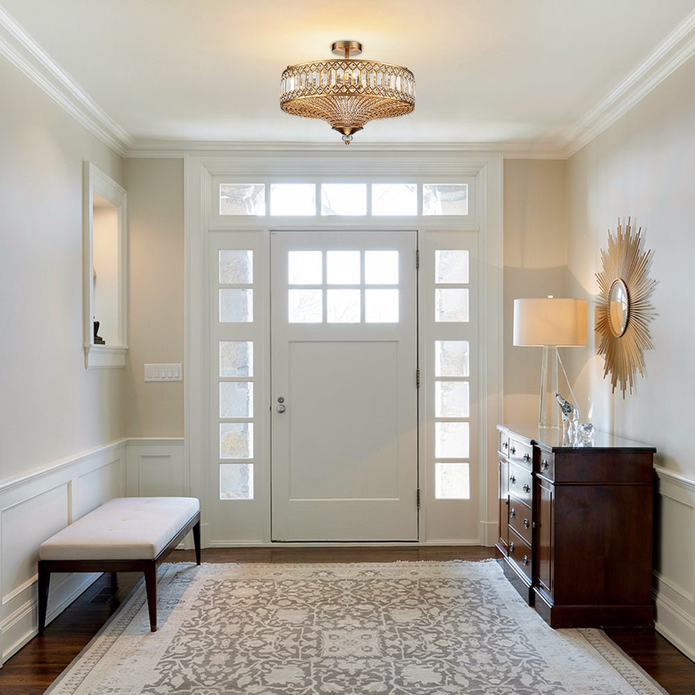 3-Light Semi Flush Mount Ceiling Light - 15" Gold Drum Fixture With Fabric Shade For Modern Homes