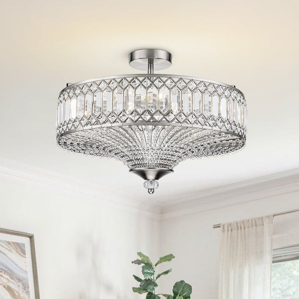 Thehouselights - Carved Crystal Drum Semi Flush Mount - Ceiling Light - Chrome - 