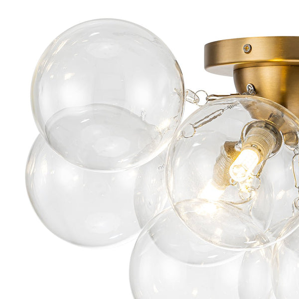 Thehouselights-Cluster Clear Glass Bubble Semi Flush Chandelier-Ceiling Light-Brass-