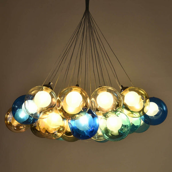 Thehouselights-Cluster Glass Ball Pendant Lights with Multi-Color Globes-Pendant-Yellow Tone-19 Globes