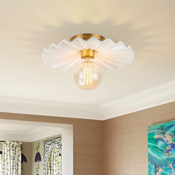 Thehouselights - Creamy Ruffled Pleated Semi - Flush Mount - Ceiling Light - Brass - 