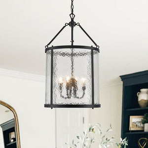 Thehouselights - Cylinder Lantern Ice Glass Chandelier Pendant Light - Pendant - Black - 