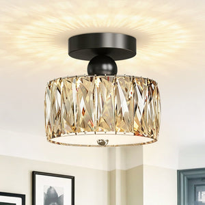 Thehouselights-Drum Crystal Glass LED Semi Flush Mount-Ceiling Light-Black-