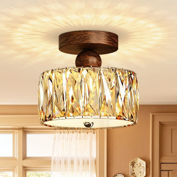 Thehouselights-Drum Crystal Glass LED Semi Flush Mount-Ceiling Light-Walnut-