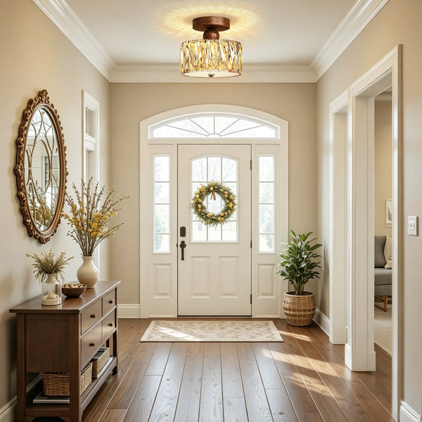 Thehouselights-Drum Crystal Glass LED Semi Flush Mount-Ceiling Light-Walnut-