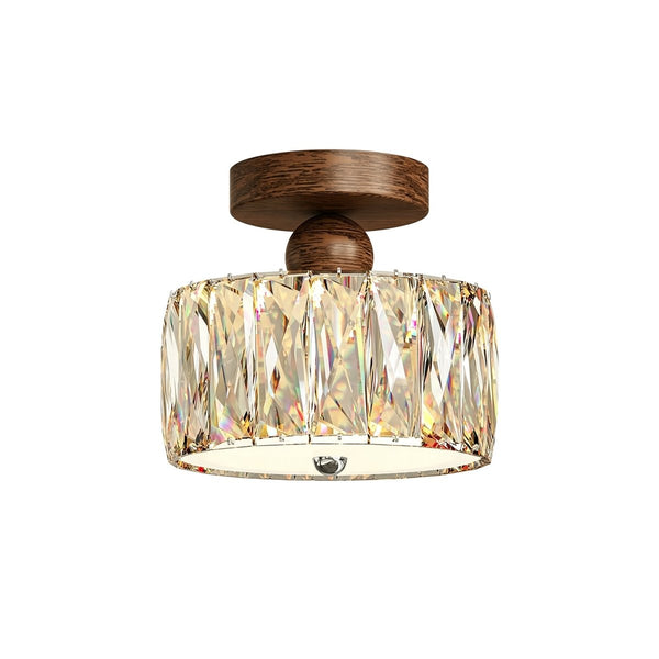 Thehouselights-Drum Crystal Glass LED Semi Flush Mount-Ceiling Light-Walnut-