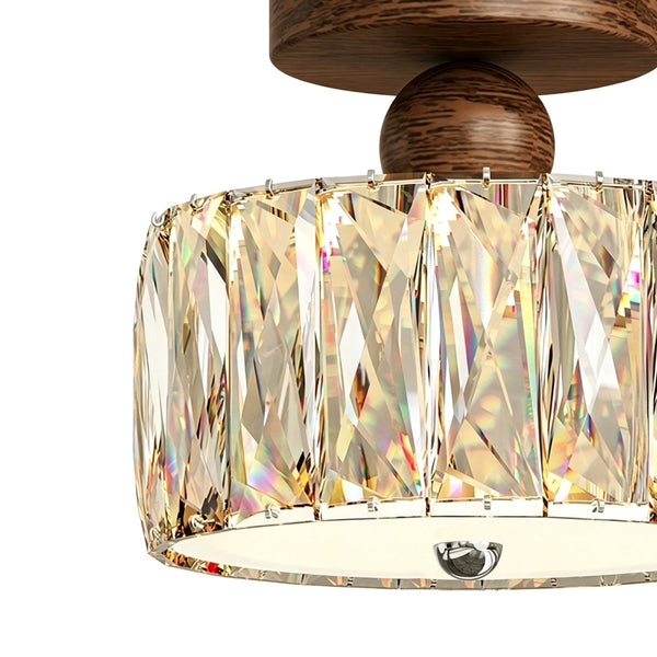 Thehouselights-Drum Crystal Glass LED Semi Flush Mount-Ceiling Light-Walnut-