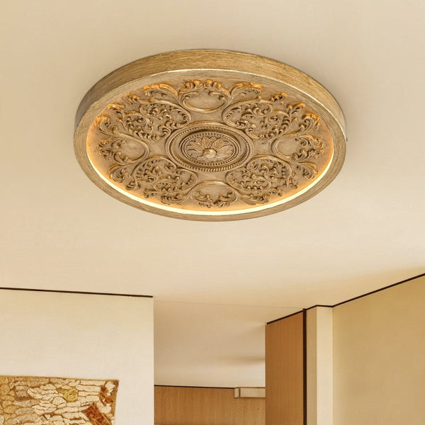 Thehouselights-French Sculptural White Round LED Flush Mount Light-Flush Mount-Wood Grain-