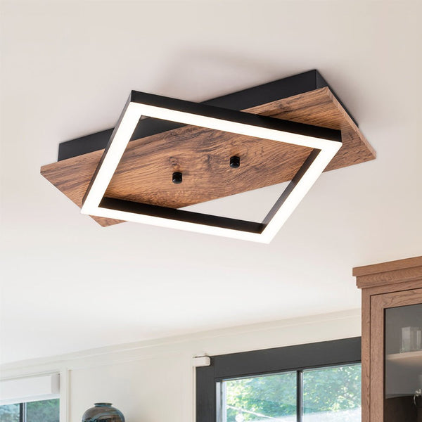 Thehouselights - LED Modern Farmhouse Walnut Wood Grain Square Flush Mount - Ceiling Light - 1 - Light - 