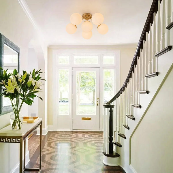 Thehouselights - Opal Glass Sputnik Bubble Semi Flush Chandelier - Chandelier - Brass - 6 - Light