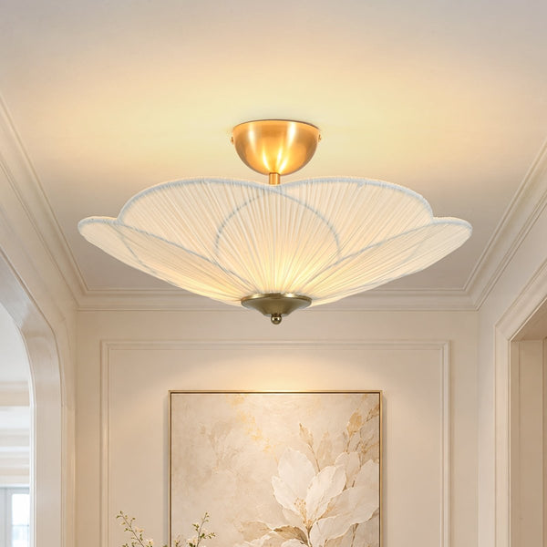 Thehouselights-Pleated Fabric Shade Flower Semi Flush Mount-Ceiling Light-3-Light-