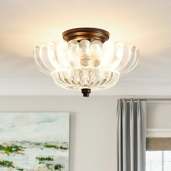 Thehouselights - Scalloped Glass Semi - Flush Mount Ceiling Light - Ceiling Light - Black & Clear Glass - 
