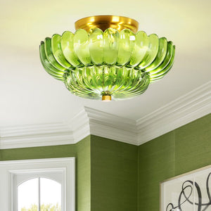 Thehouselights - Scalloped Glass Semi - Flush Mount Ceiling Light - Ceiling Light - Brass & Green Glass - 