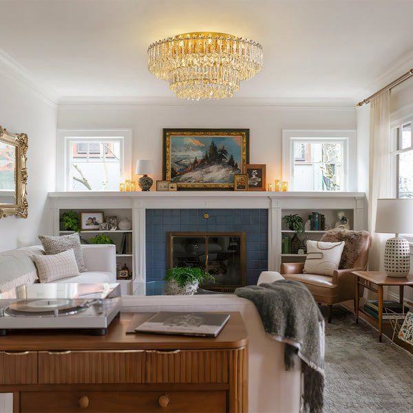 Thehouselights - Two - tier Crystal Glass Chandelier Raindrop Flush Mount Ceiling - Ceiling Light - 80 cm. - 