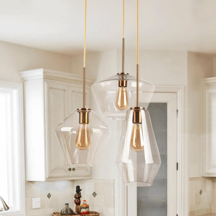 Kitchens 'n Lights-Modern Brass Geometric Glass Pendant light-Pendant Light-Clear Glass-3 Lt-Round Canopy