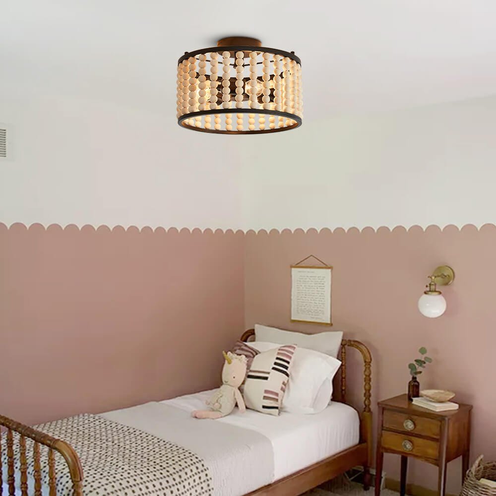 3 Light Wood Beaded Round Semi Flush Mount – Thehouselights