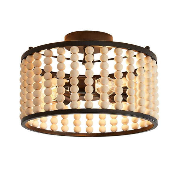 3 Light Wood Beaded Round Semi Flush Mount – Thehouselights
