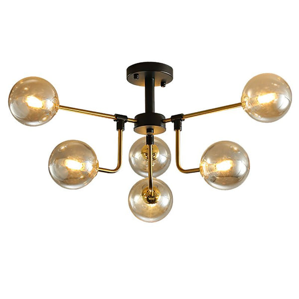 Thehouselights-6 Light Amber Glass Sputnik Semi Flush Mount-Ceiling Light--