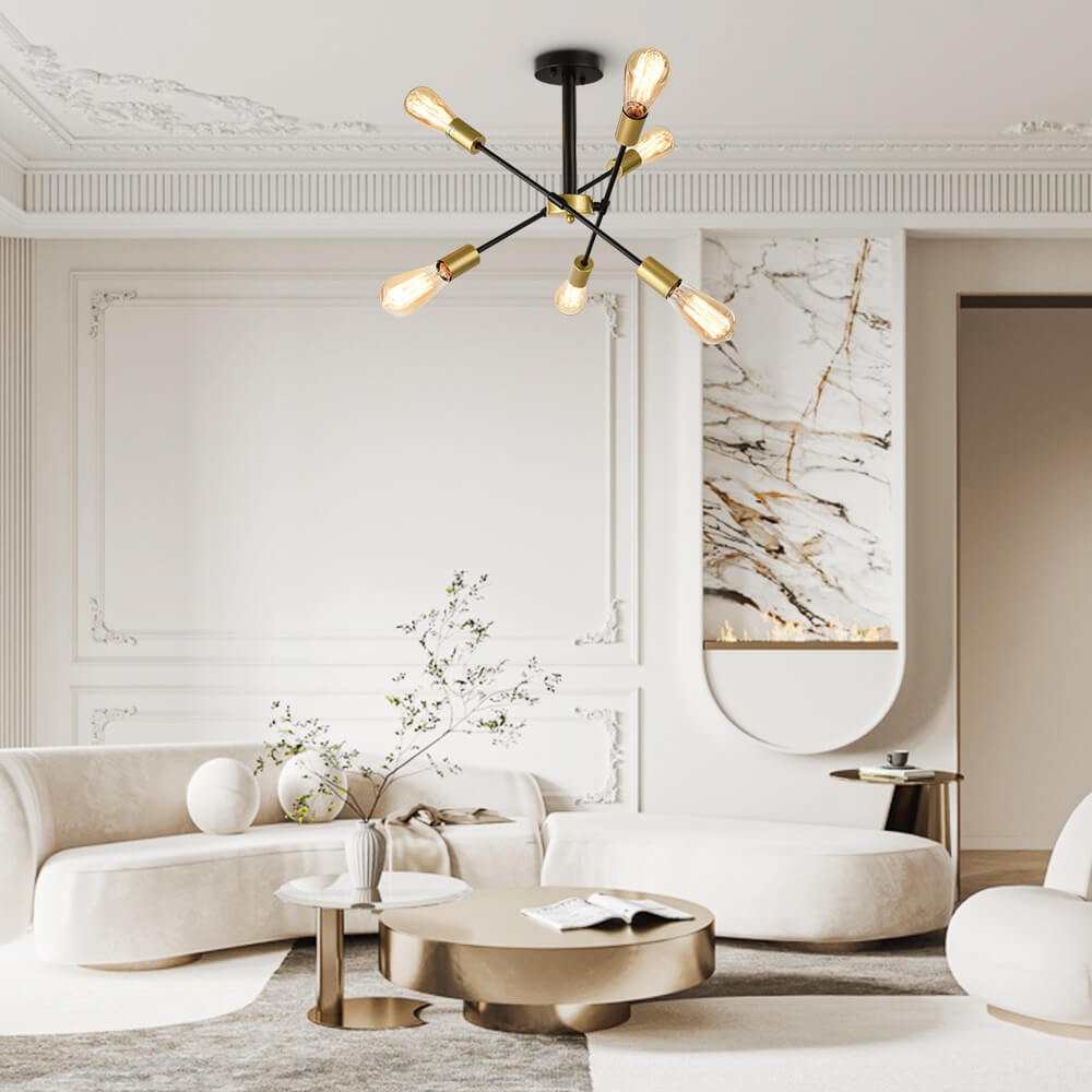 Mid-century 6-Light Rotatable Sputnik Chandelier in Black/ Black+