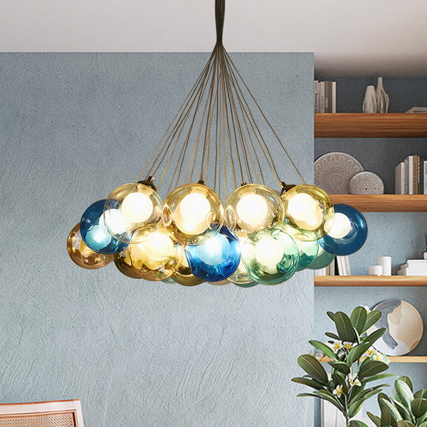 Thehouselights-Cluster Glass Ball Pendant Lights with Multi-Color Globes-Pendant-Blue Tone-19 Globes