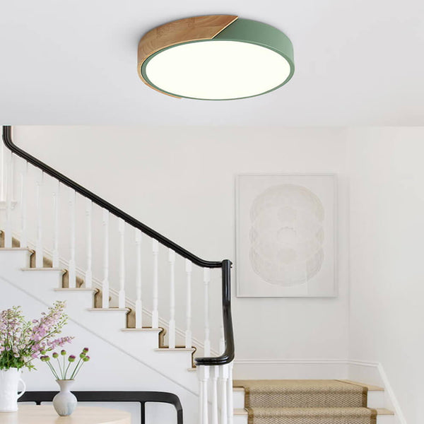 Thehouselights-Dimmable Metal and Wood Circle Flush Mount Ceiling Light-Flush Mount-Green-11 in.