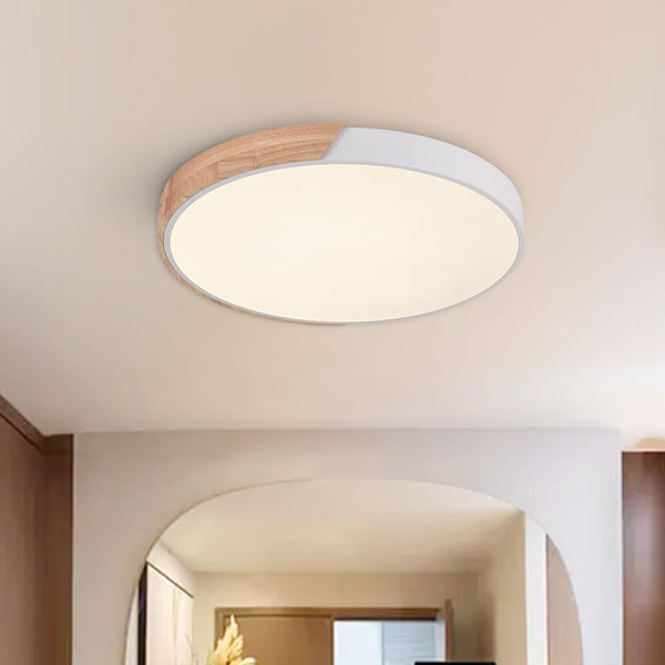 Thehouselights-Dimmable Metal and Wood Circle Flush Mount Ceiling Light-Flush Mount-White-19 in.