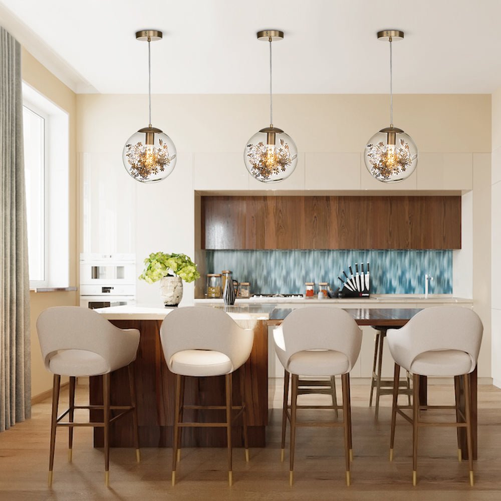 Glass and Brass Ball Pendant Lighting with Branching Leaves Design