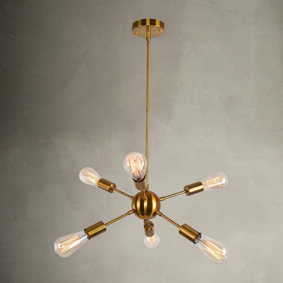 Thehouselights-Modern 6-Light Sputnik Linear Chandelier Light-Chandelier-Brass-