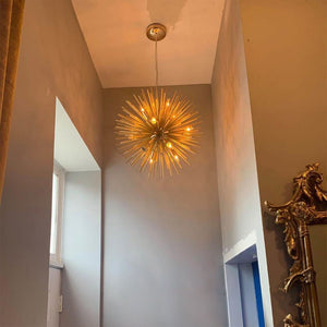 Thehouselights-Modern Gold Sunburst Hanging Pendant Light-Chandelier-8 Bulbs-