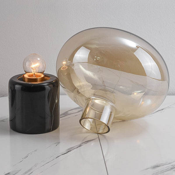 Thehouselights-Smokey Gray Glass Oval Table Lamp in Marble Cylinder Base-Table Lamp--