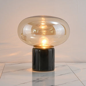 Thehouselights-Smokey Gray Glass Oval Table Lamp in Marble Cylinder Base-Table Lamp--